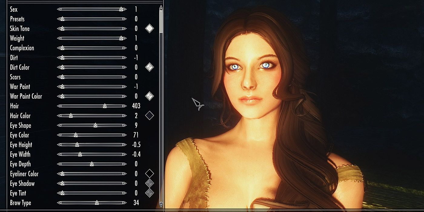 A shot of the RaceMenu character creation interface in Skyrim