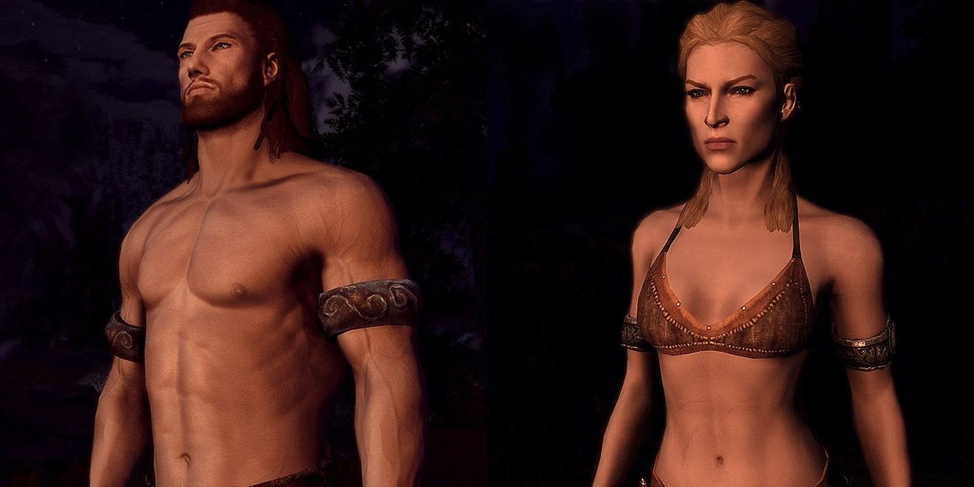 Split image of a male and female with enhanced body textures in Skyrim