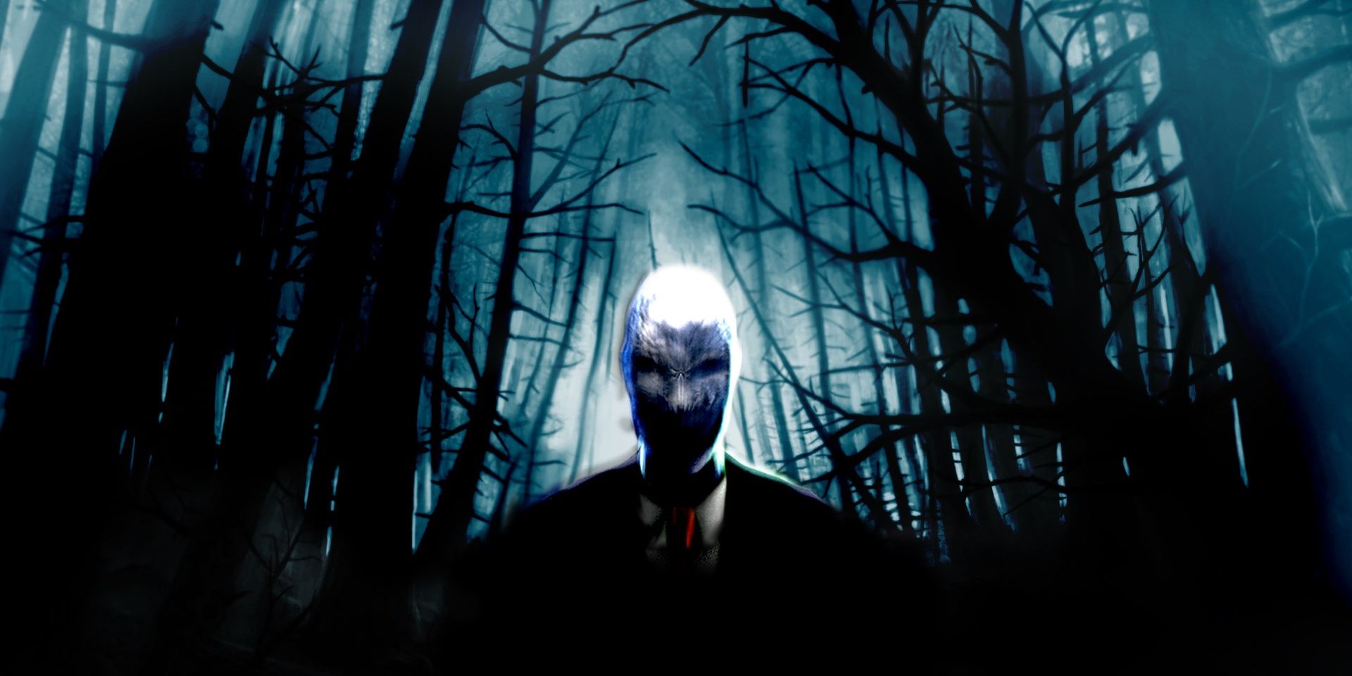 The Slender Man looks at the viewer with the woods behind him in Slender: The Arrival.