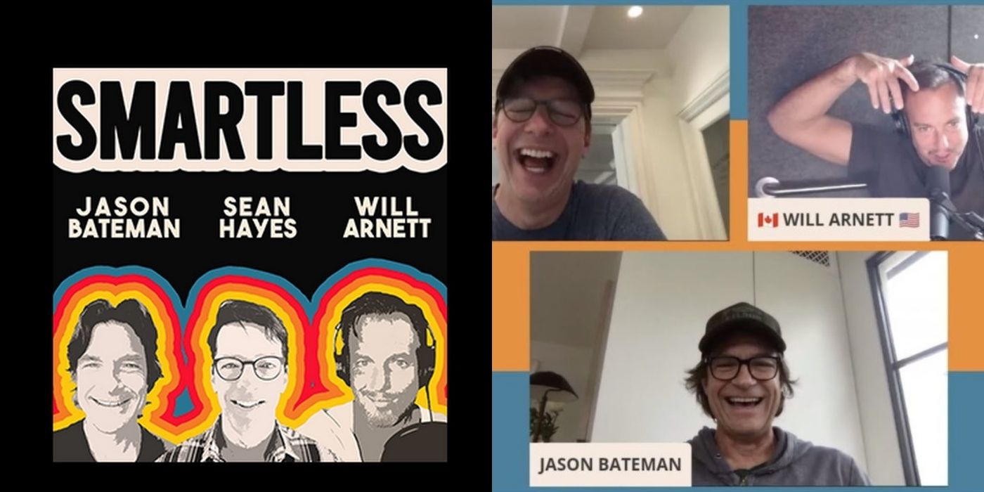 A split image of the SmartLess Podcast Ad and Sean Hayes, Jason Bateman, and Will Arnett laughing