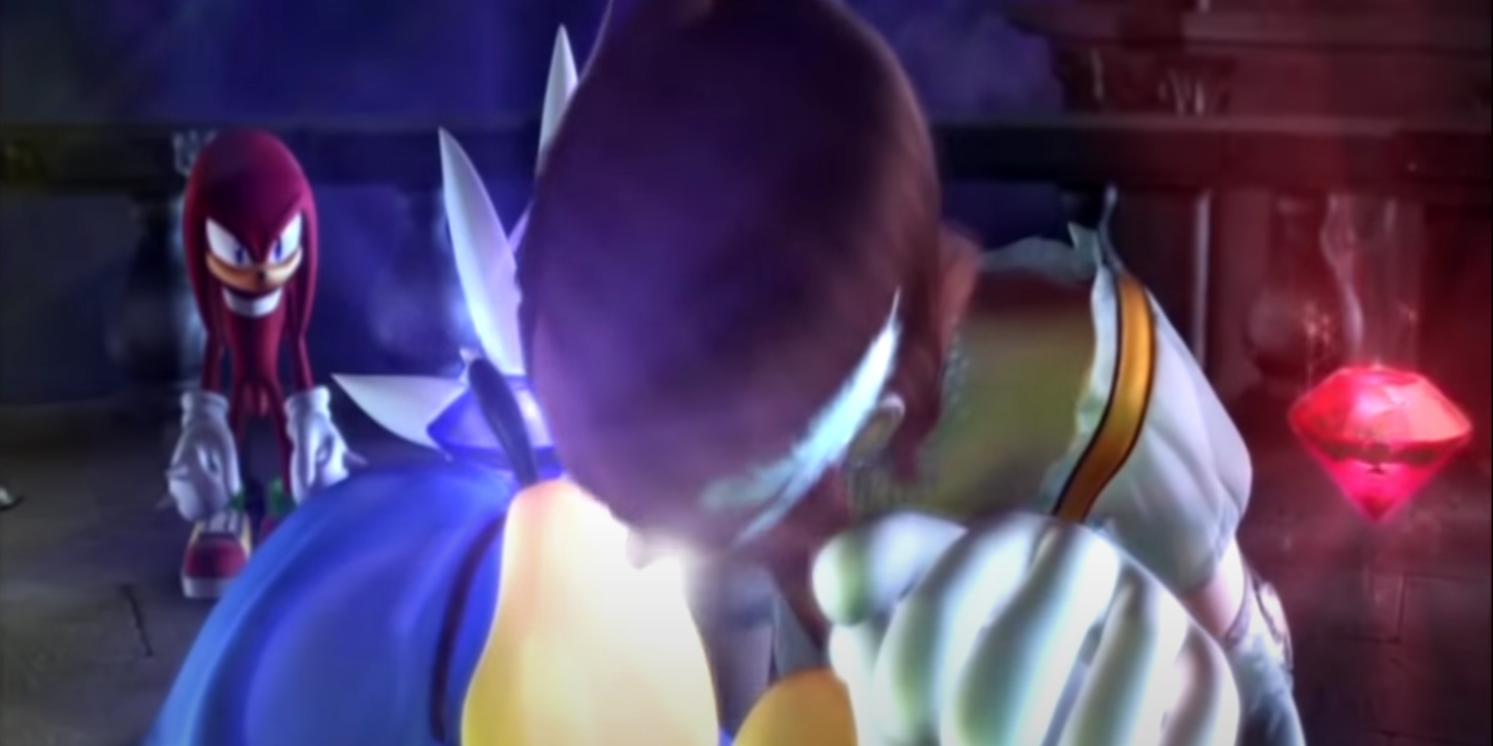 A cutscene still from Sonic 2006, featuring Princess Elise kissing Sonic as Knuckles looks on in the background.