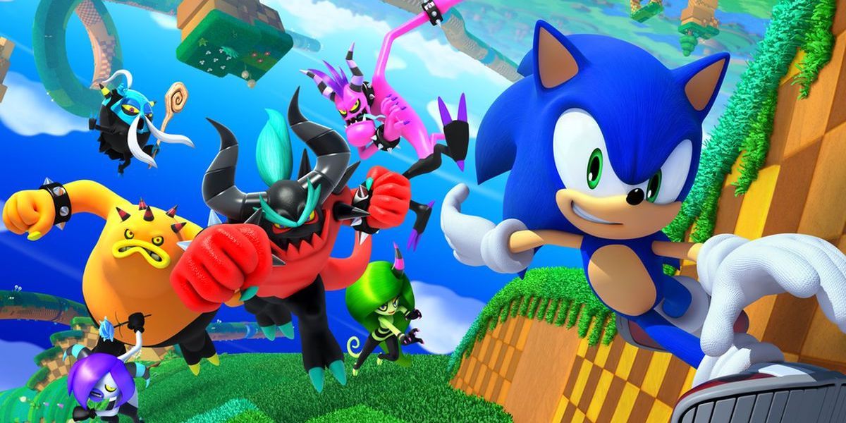 An image of Sonic running alongside the walls smiling while the Deadly Six chase him.