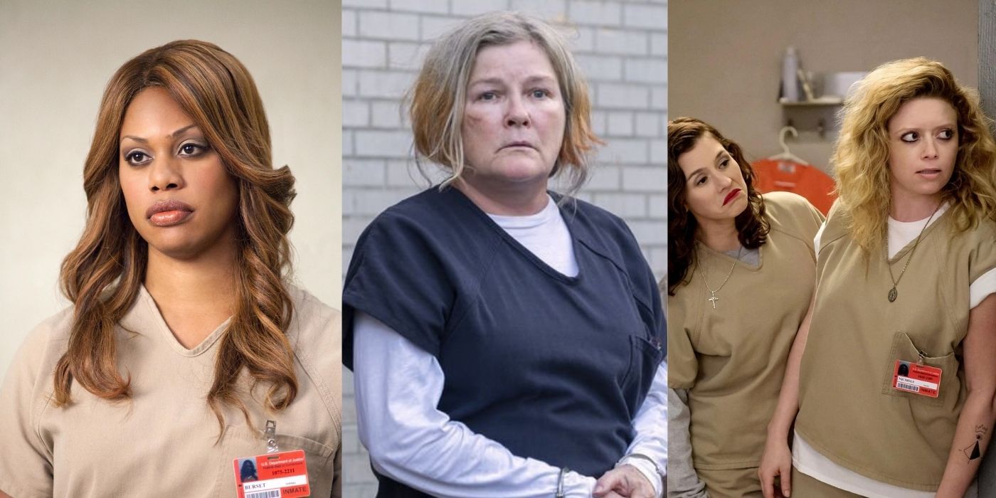 Sophia Burset looking sideways, Red standing with her hands cuffed, Nicky leaning against a wall while Lorna looks at her in Orange is the New Black