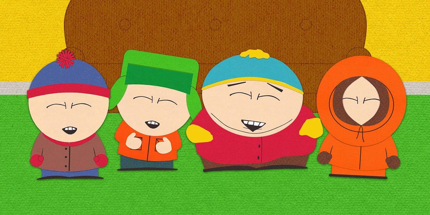 Stan, Kyle, Cartman, and Kenny laughing in South Park