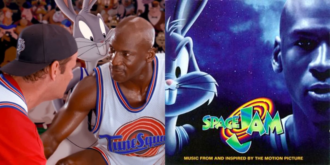 Split image showing Michael Jordan, Bill Murray, and Bugs Bunny in Space Jam, and the movie's soundtrack
