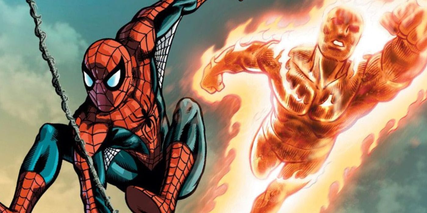 Spider-Man and Human Torch flying together.