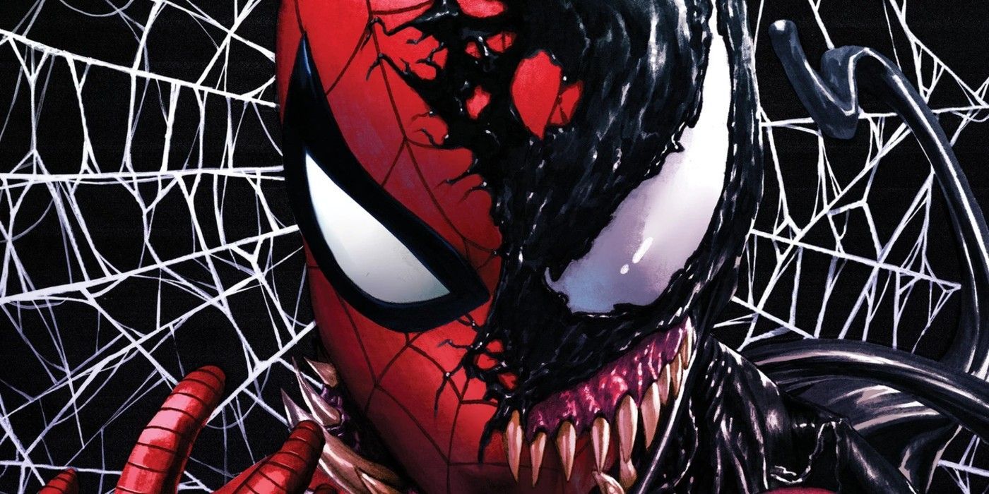Spider-Man and Venom's faces in front of a web.