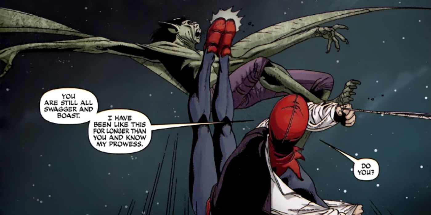 Spider-Man menendang Green Goblin di buku komik 1602.