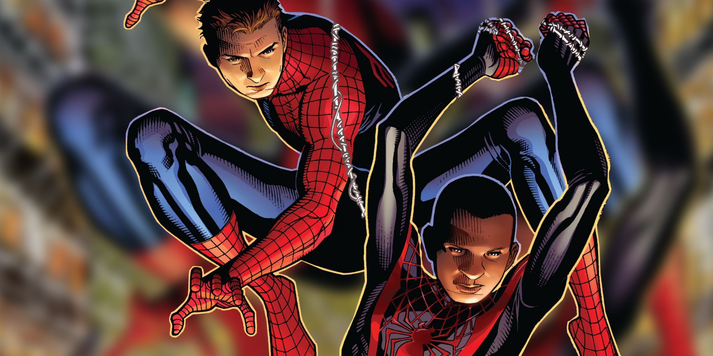 An unmasked Peter Parker and Miles Morales swing in the air in Spider-Man comics.