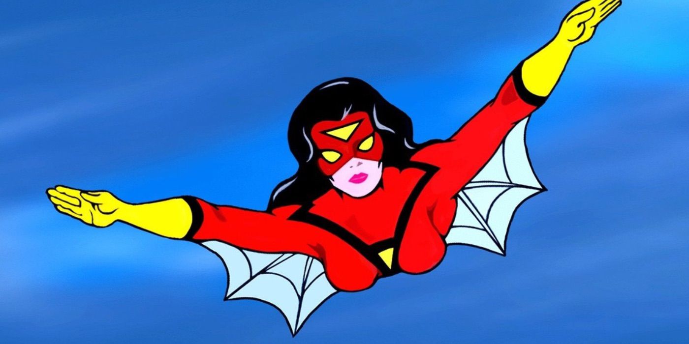 Spider-Woman flying through the air from her animated series, Spider-Woman.