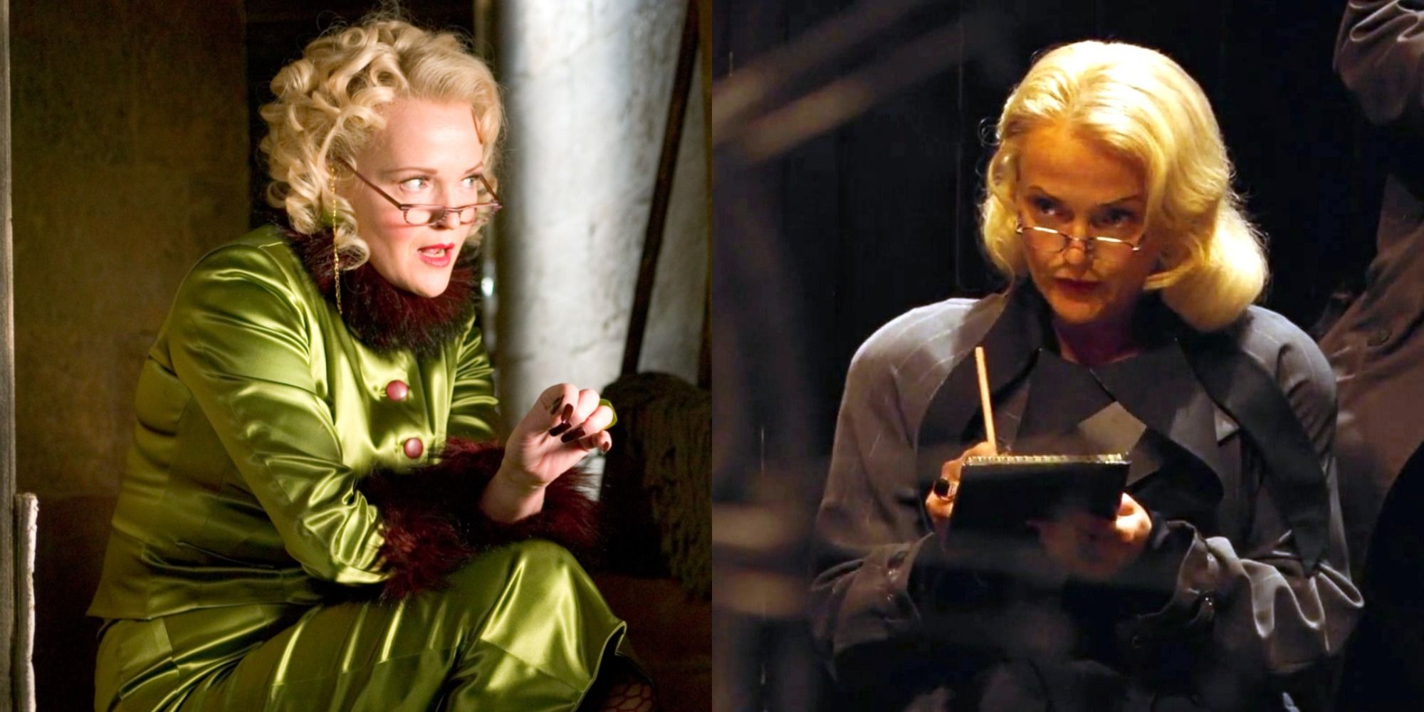 Split Image showing Rita Skeeter in Harry Potter
