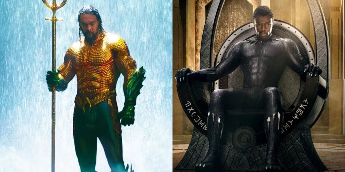 Split image: Aquaman holds the trident/ Black Panther on his throne
