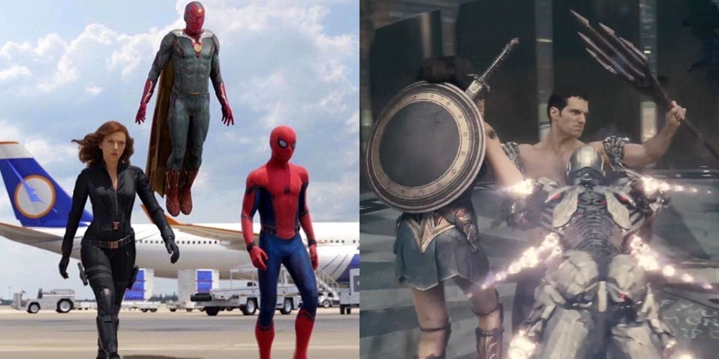 Split image: Avengers walking at an airport/ Superman fights the Justice League