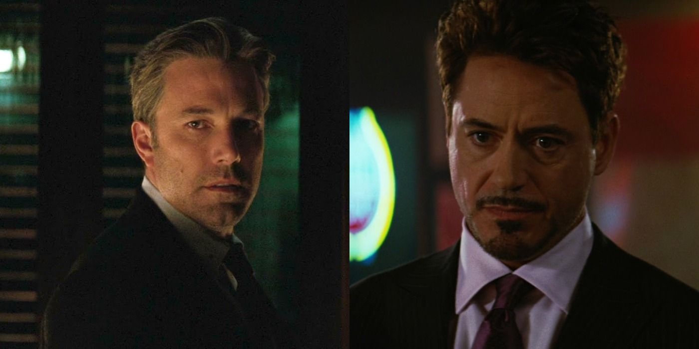 Split image: Bruce Wayne talks to Amanda Waller/ Tony Stark talks to Thaddeus Ross