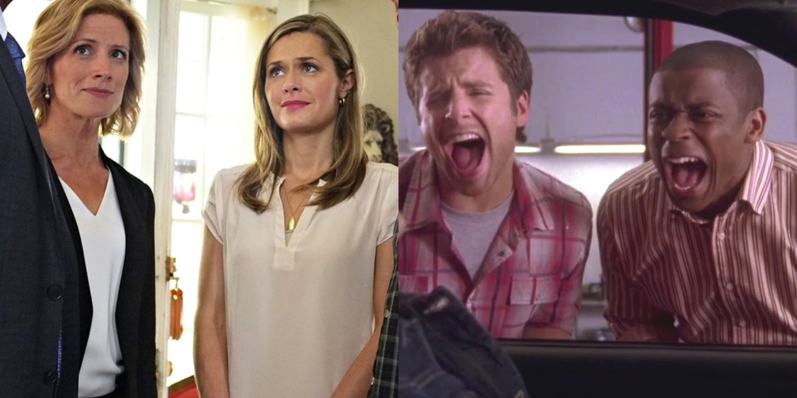Split image - Chief Karen Vick and Juliet O'Hara smiling; Shawn Spencer and Burton Guster screaming in Psych