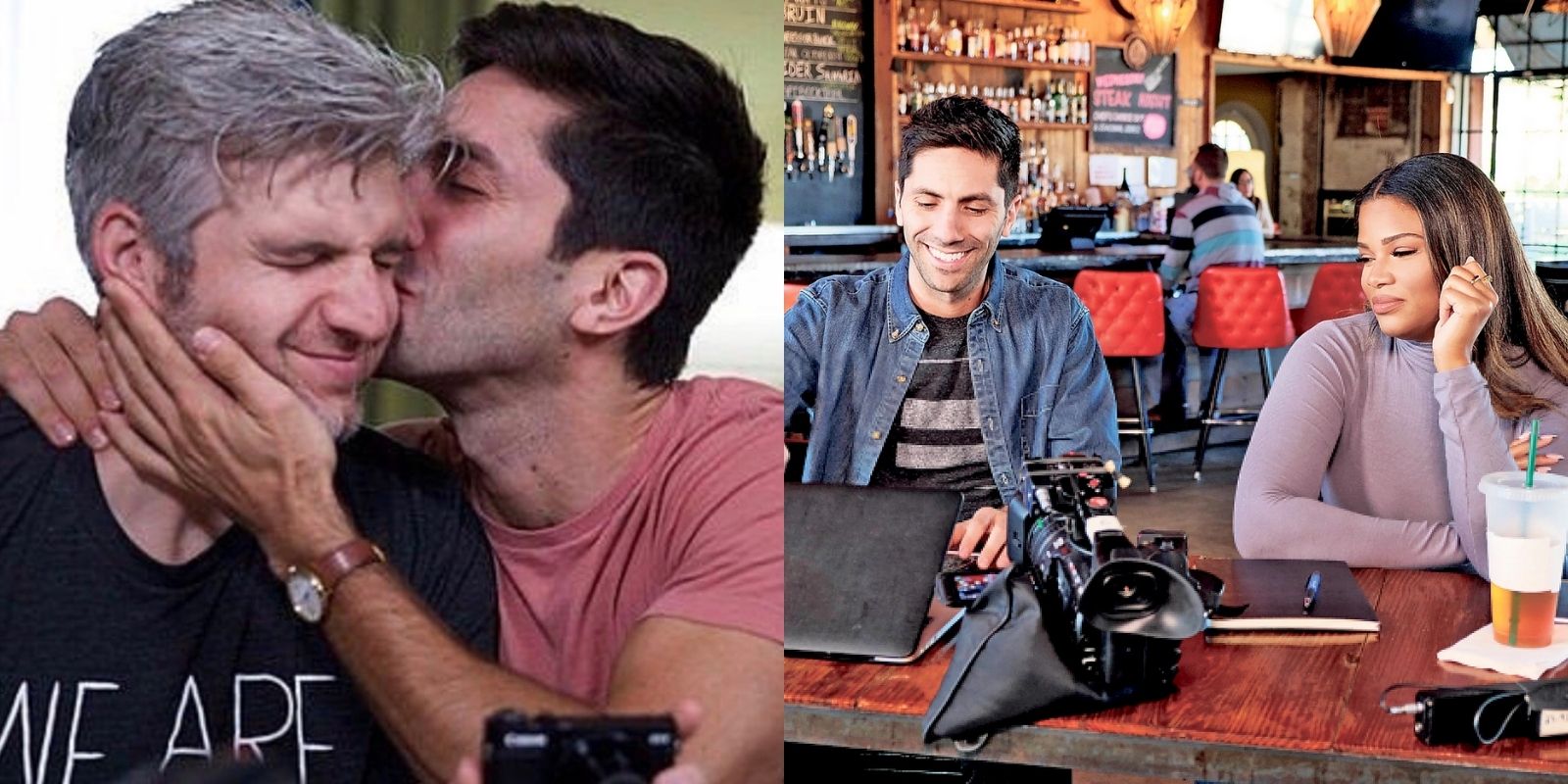 Split image - Nev Schulman kisses Max Joseph on the cheek and Kamie Crawford and Nev Schulman sit in a coffee shop in MTV's Catfish
