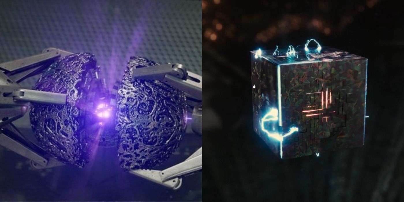 Split image: Power Orb gets opened/ Mother box floating in midair