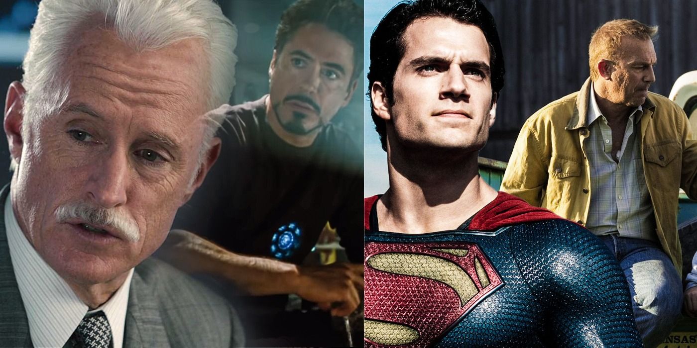 Split image: Tony and Howard Stark look sad/ Superman next to an image of Jonathan Kent