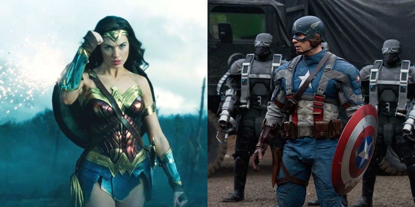 Split image: Wonder Woman in the battlefield/ Captain America surrounded by enemies