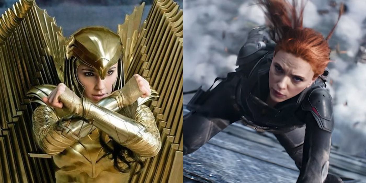 Split image: Wonder Woman wearing Asteria Armor/ Black Widow falling through the sky