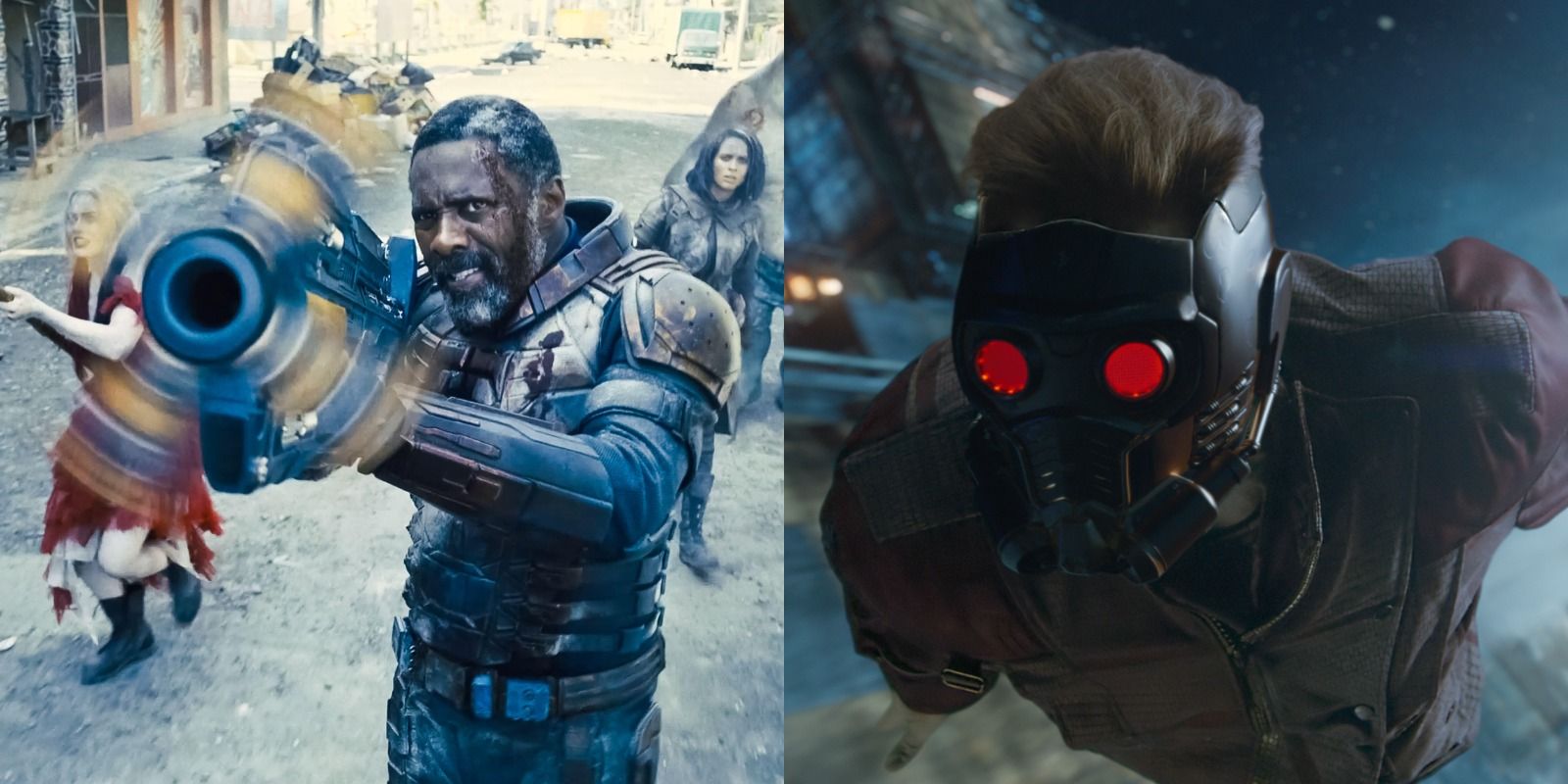 Split image of Bloodsport leading the Squad into battle in The Suicide Squad and Star-Lord flying through space in Guardians Of The Galaxy