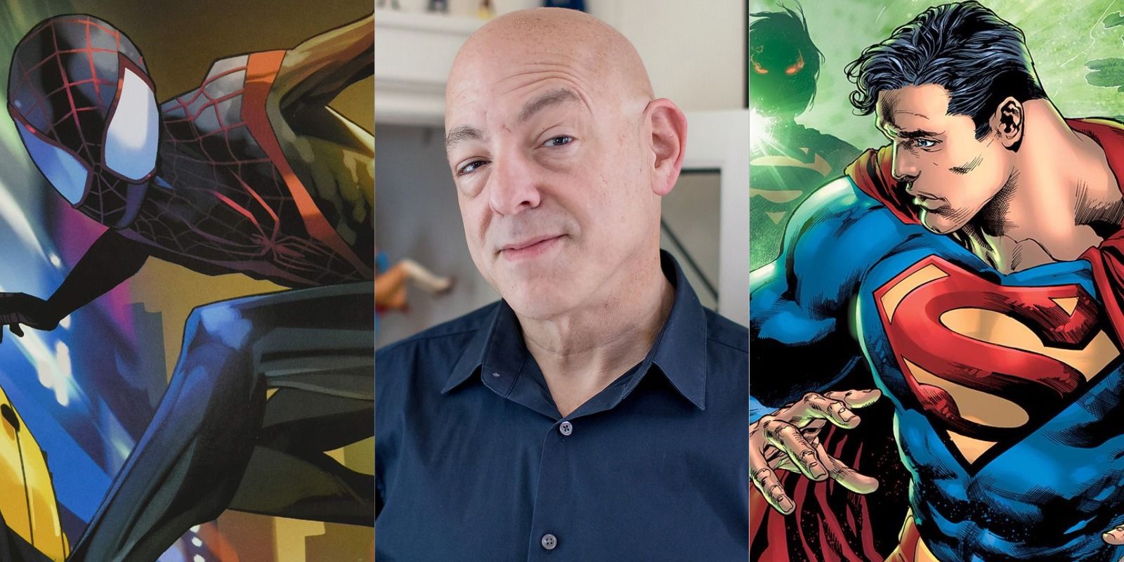 Split image of Brian Michael Bendis, Ultimate Spider-Man, and Action Comics
