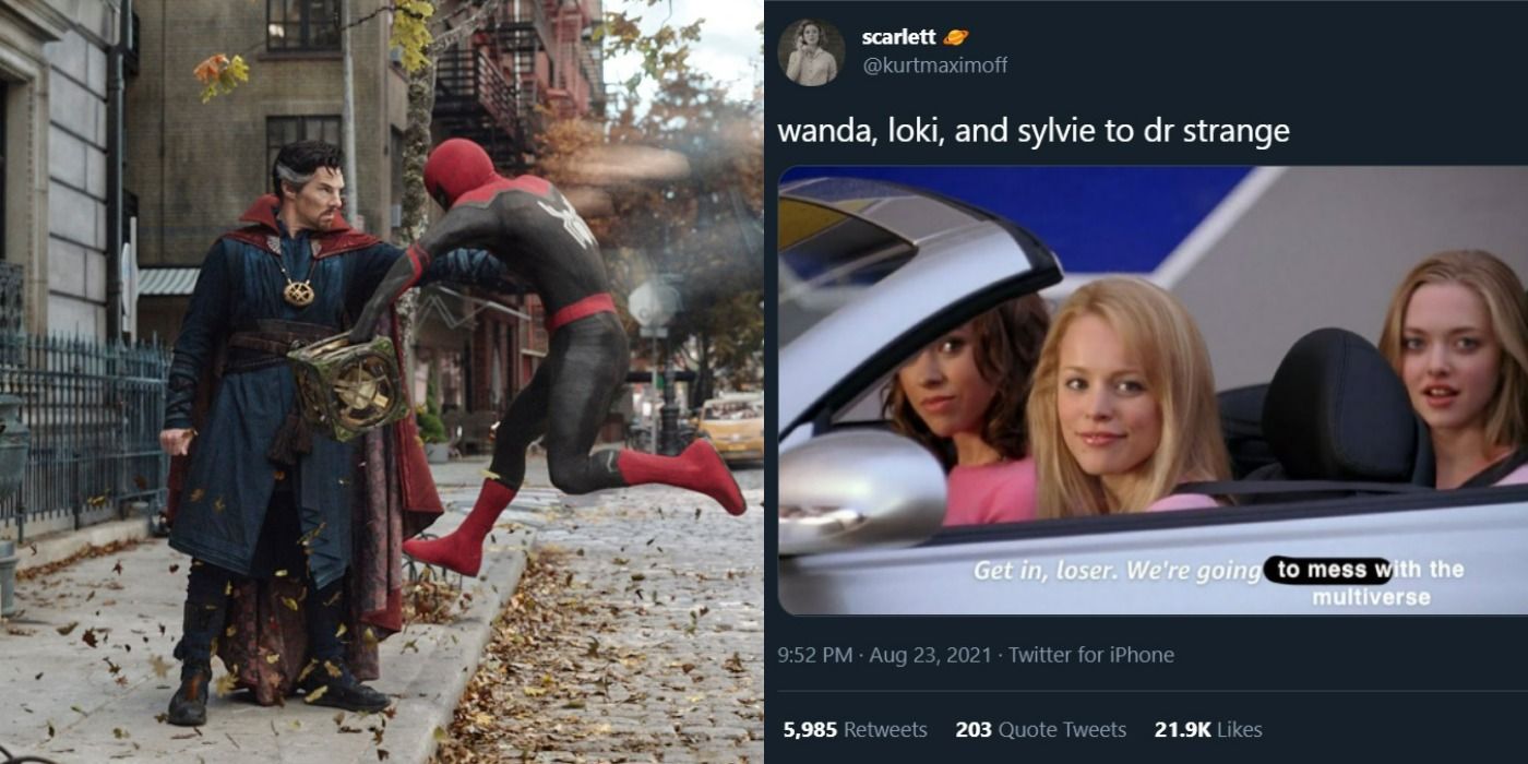 Split image of Doctor Strange projecting Peter's body out and a Mean Girls tweet