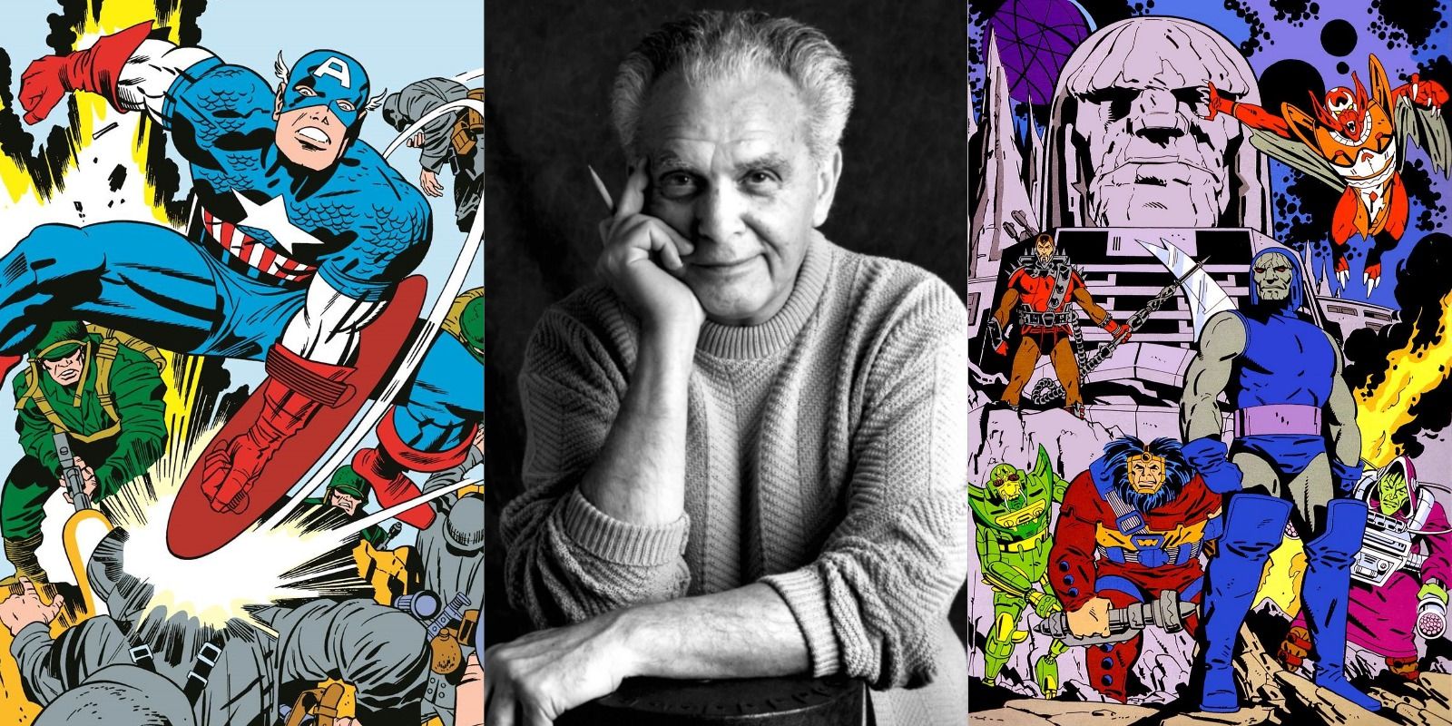 Split image of Jack Kirby, Fourth World, and Captain America
