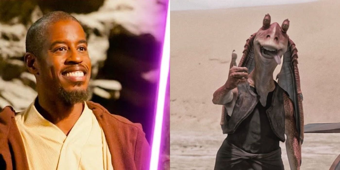 Split image of Kelleran Beq and Jar Jar Binks played by Ahmed Best in Star Wars