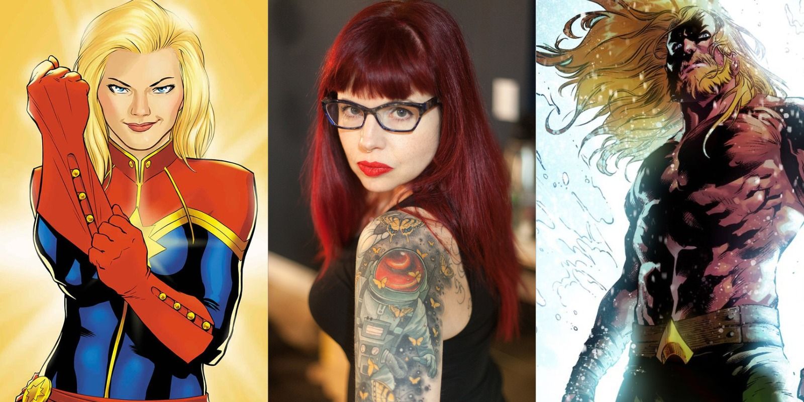 Split image of Kelly Sue DeConnick, Aquaman, and Captain Marvel