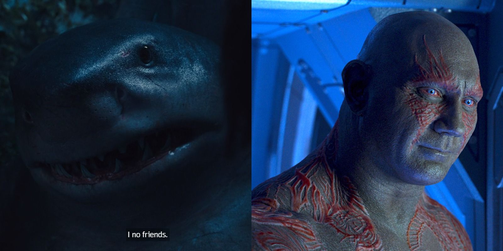 Split image of King Shark in The Suicide Squad and Drax The Destroyer in Guardians Of The Galaxy Vol. 2