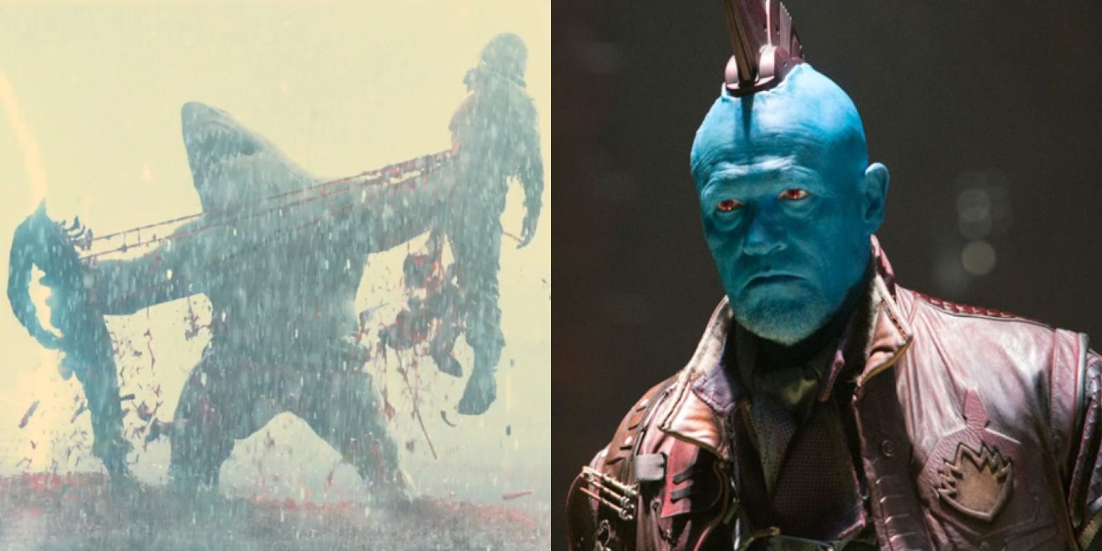 Split image of King Shark tearing a man in half in The Suicide Squad and Yondu in Guardians Of The Galaxy Vol. 2