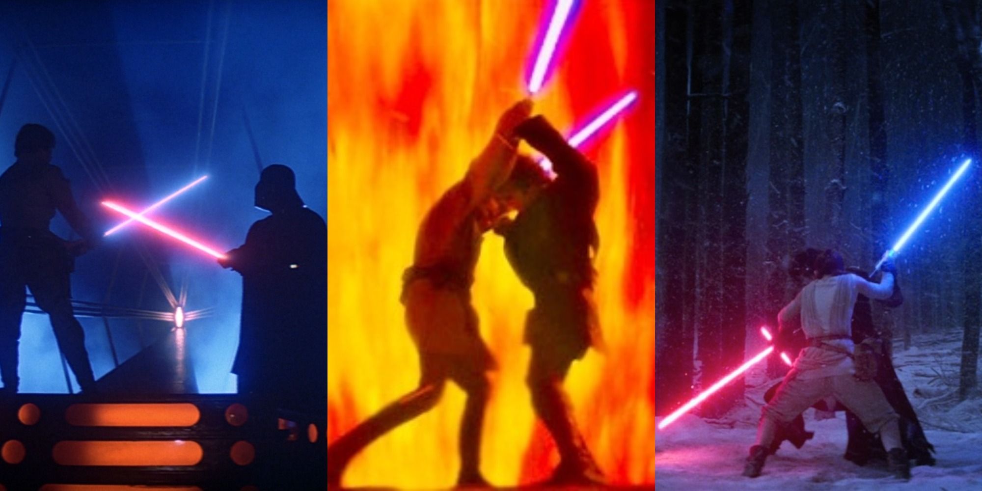 Split image of Luke Vs Vader, Anakin vs. Obi-Wan, & Rey Vs Kylo Ren In STar Wars