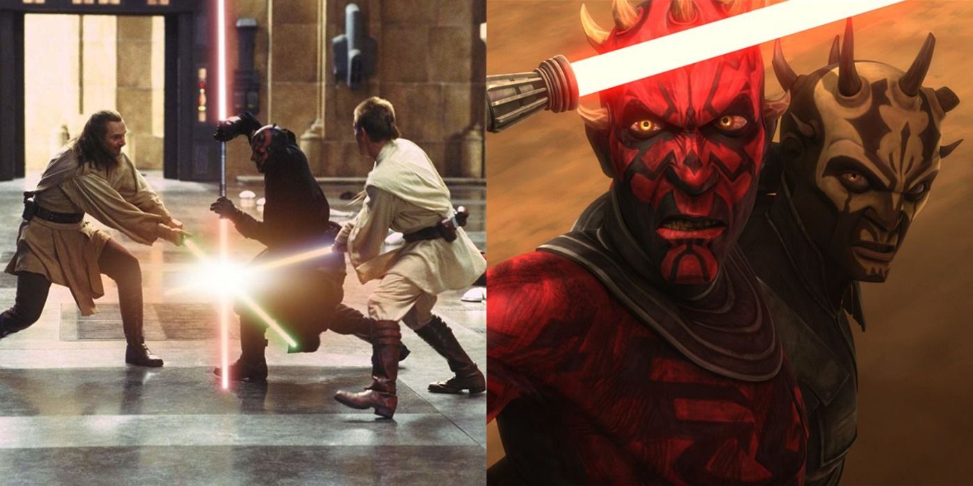 Split image of Maul fighting in the Duel of the Fates and of Maul and Savage in The Clone Wars