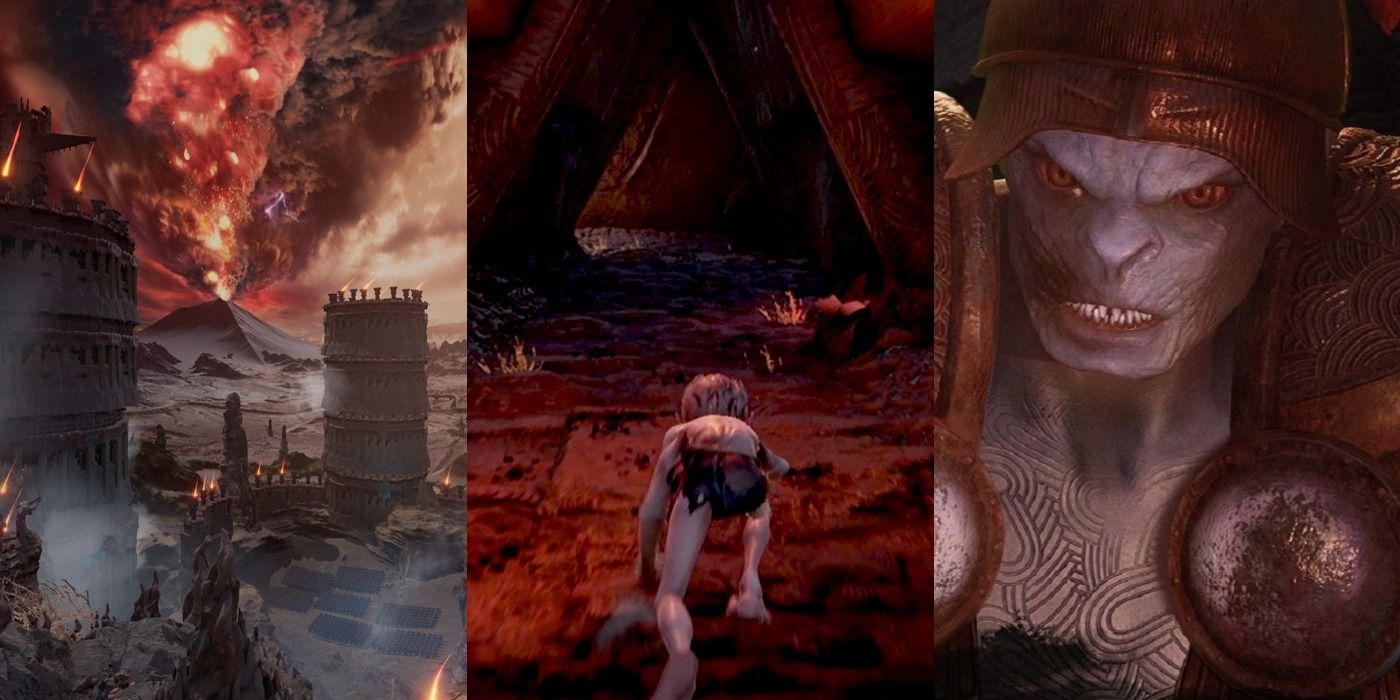 Split image of Mordor, Gollum and an orc in the Gollum game