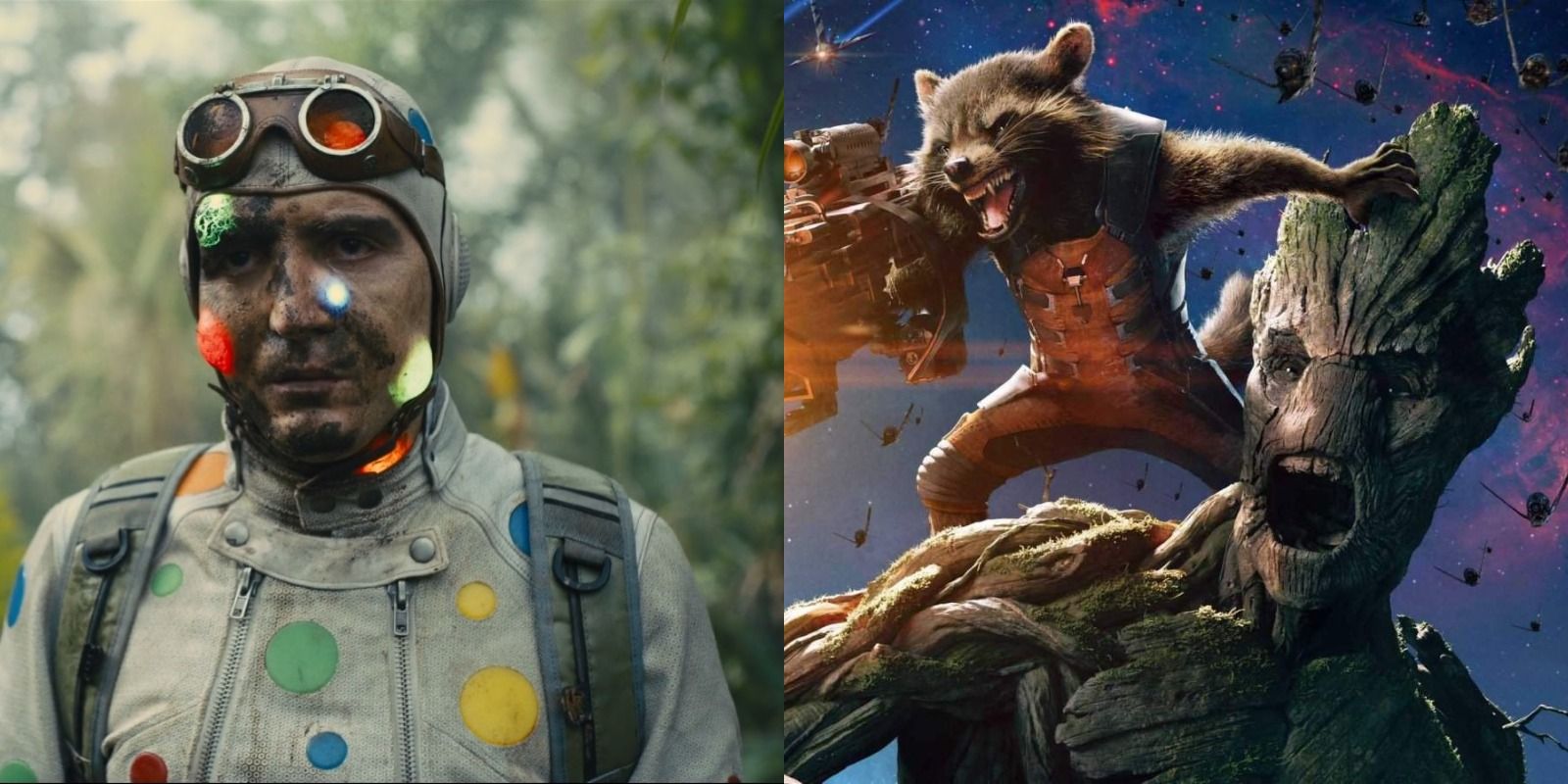 Split image of Polka-Dot Man being affected by his Polka-Dots in the Suicide Squad and Rocket working with Groot in Guardians Of The Galaxy