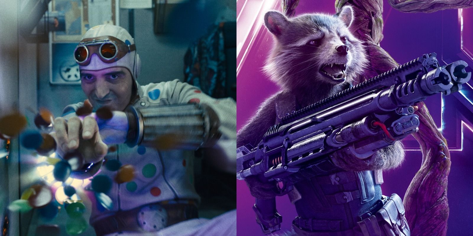 Split image of Polka-Dot Man in The Suicide Squad and Rocket Raccoon in Avengers Infinity War
