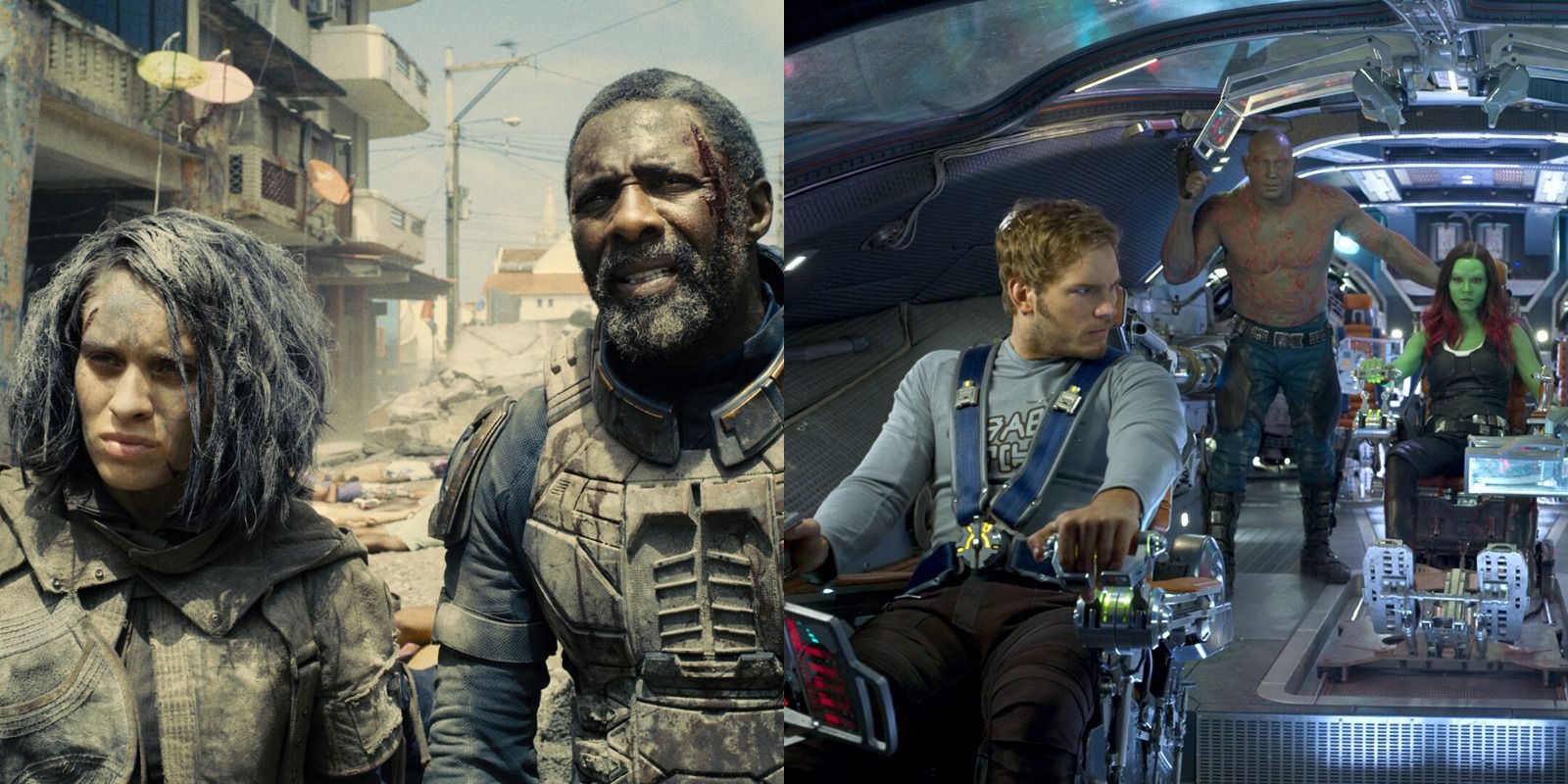 Split image of Ratcatcher 2 and Bloodsport in The Suicide Squad and Star-Lord, Drax, and Gamora in Guardians Of The Galaxy Vol. 2