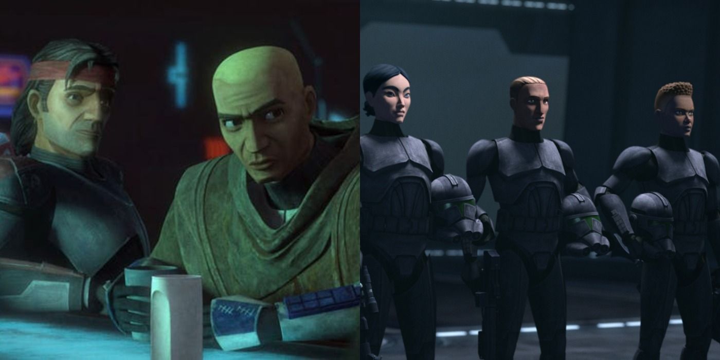 Split image of Rex & Hunter and the Imperial Elite Troopers in The Bad Batch