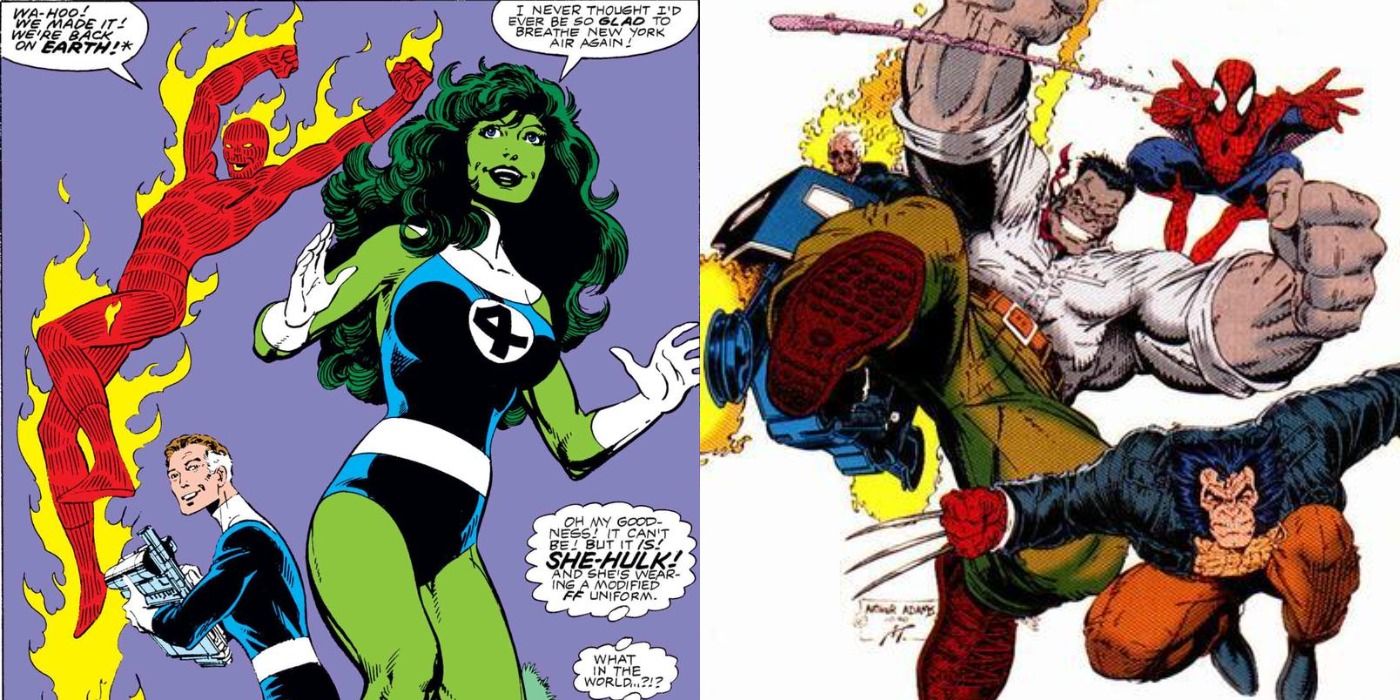 Split image of She-Hulk joining Fantastic Four and New Fanastic Four of Wolverine, Ghost Rider, Spider-Man and Hulk from Marvel Comics.