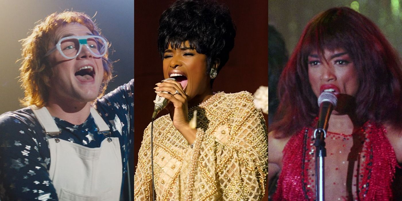 Split image of Taron Edgerton as Elton John in Rocketman, Jennifer Hudson as Aretha Franklin from Respect, and Angela Bassett as Tina Turner from What's Love Got To Do With It.