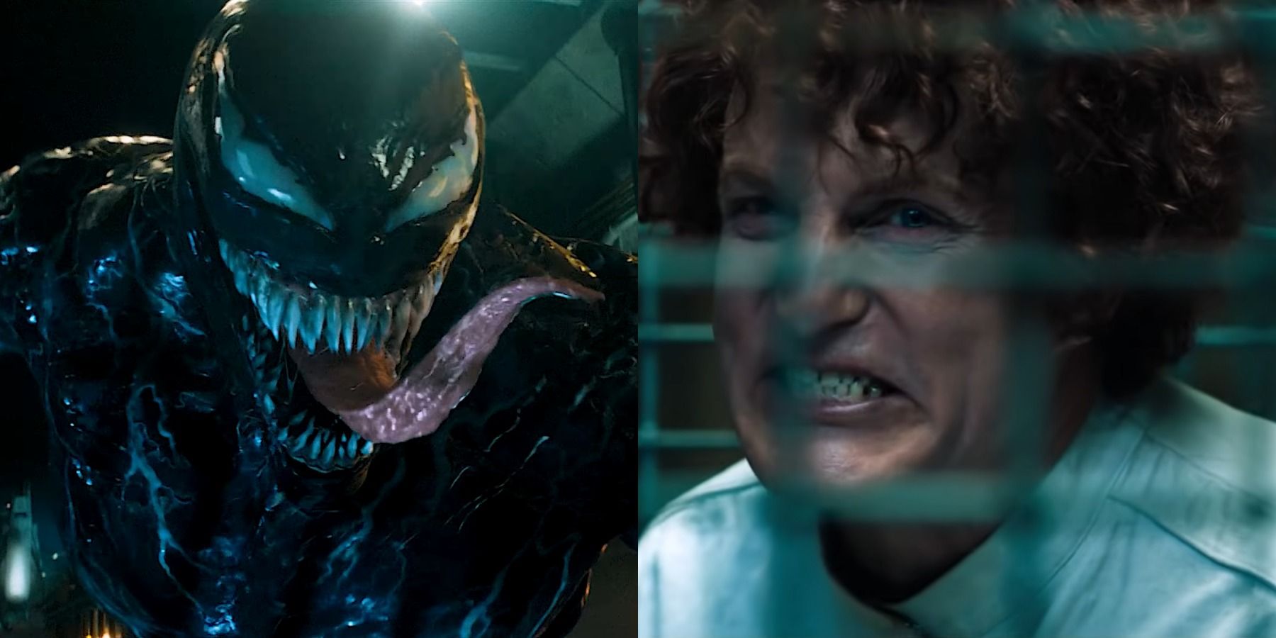 Split image of Venom snarling and Cletus Kasady grinning in Venom