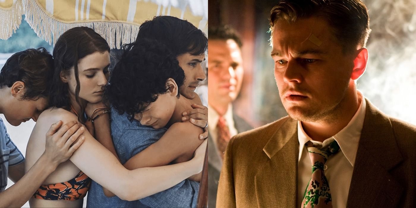 Split image of a family hugging in Old and Leonardo DiCaprio and Mark Ruffalo in Shutter Island.