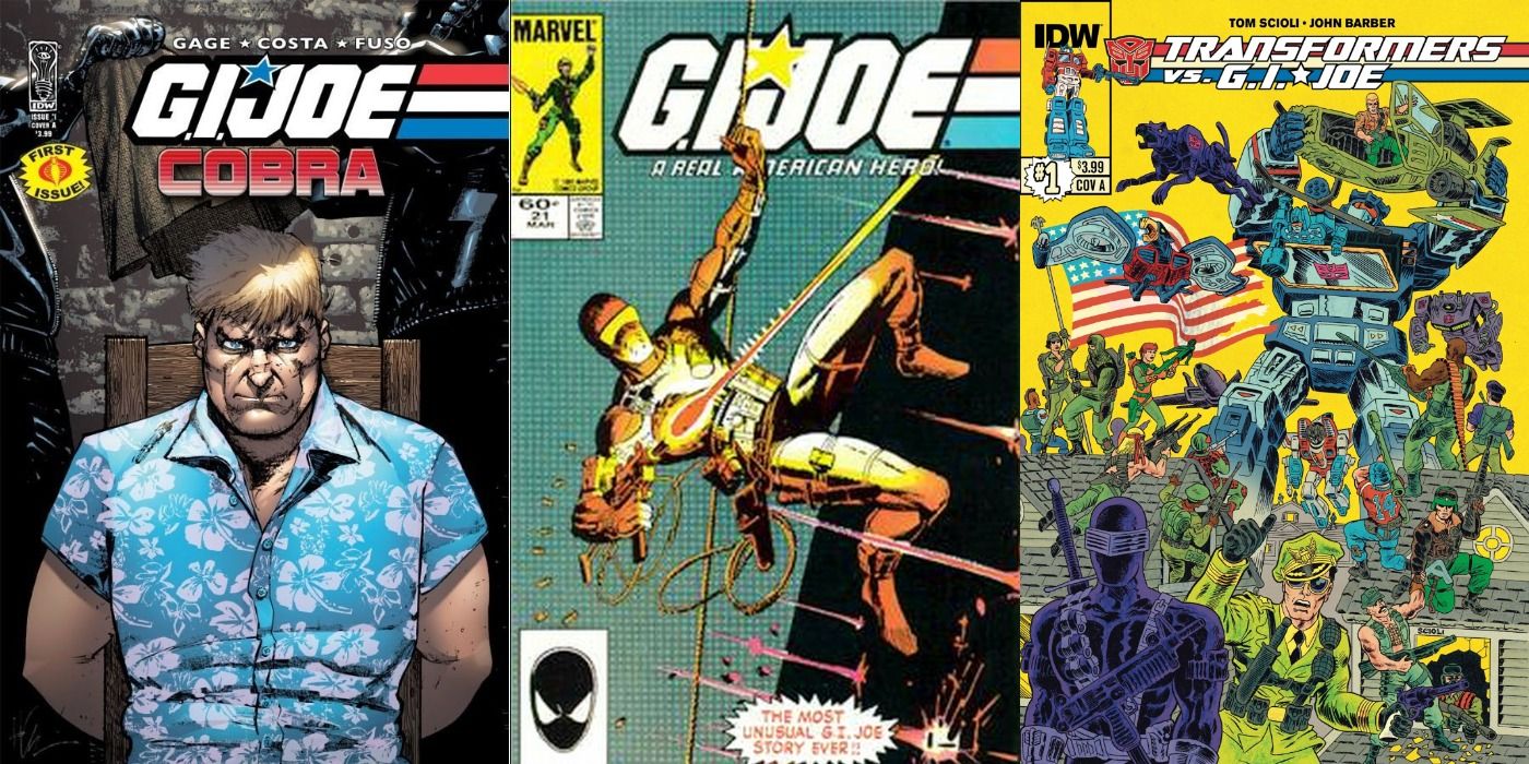 Split image of covers of G.I. Joe Cobra 1, G.I. Joe 21, and Transformers Vs. G.I. Joe 1