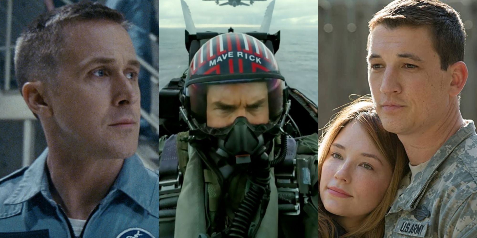Split image of main characters from First Man, Top Gun Maverick and Thank You For Your Service