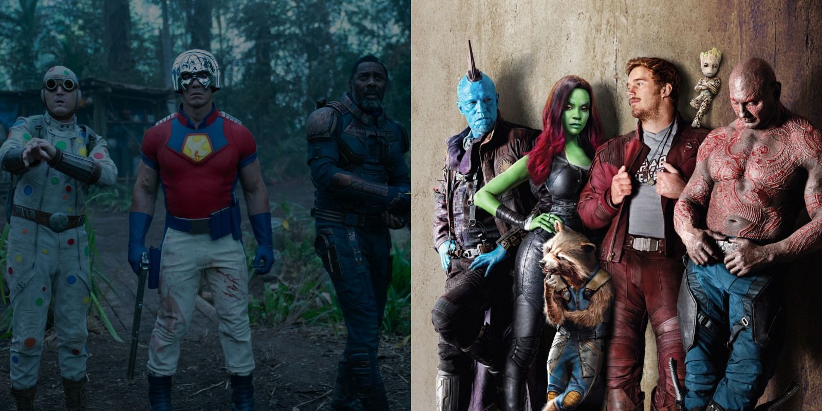 Split image of the Squad in the jungle in The Suicide Squad and the Guardians Of The Galaxy posing like a band on an album cover in Guardians Of The Galaxy Vol. 2