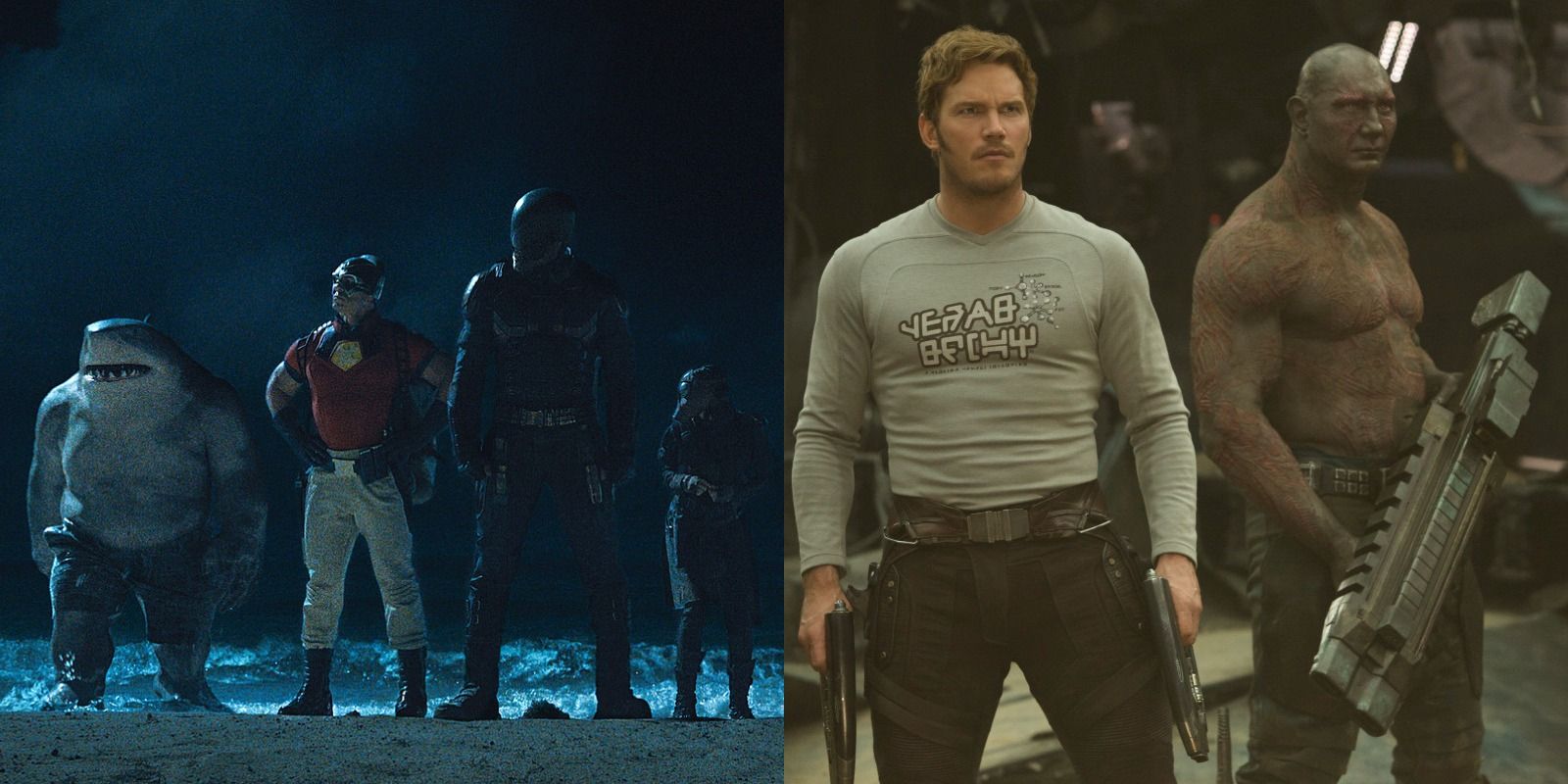 Split image of the Squad on the beach in The Suicide Squad and Star-Lord with Drax in Guardians Of The Galaxy Vol. 2