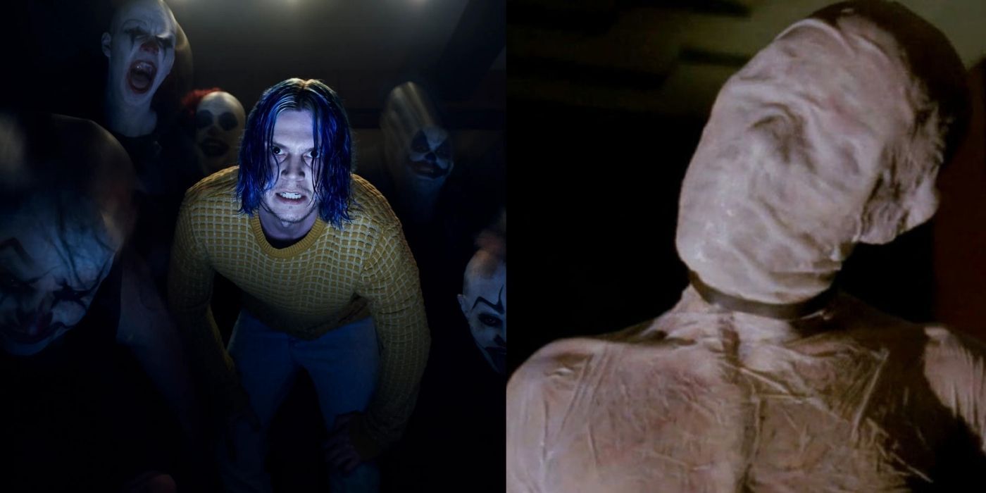 Imagens divididas com Kai olhando para a tela e o Demônio do Vício dobrando o pescoço em American Horror Story