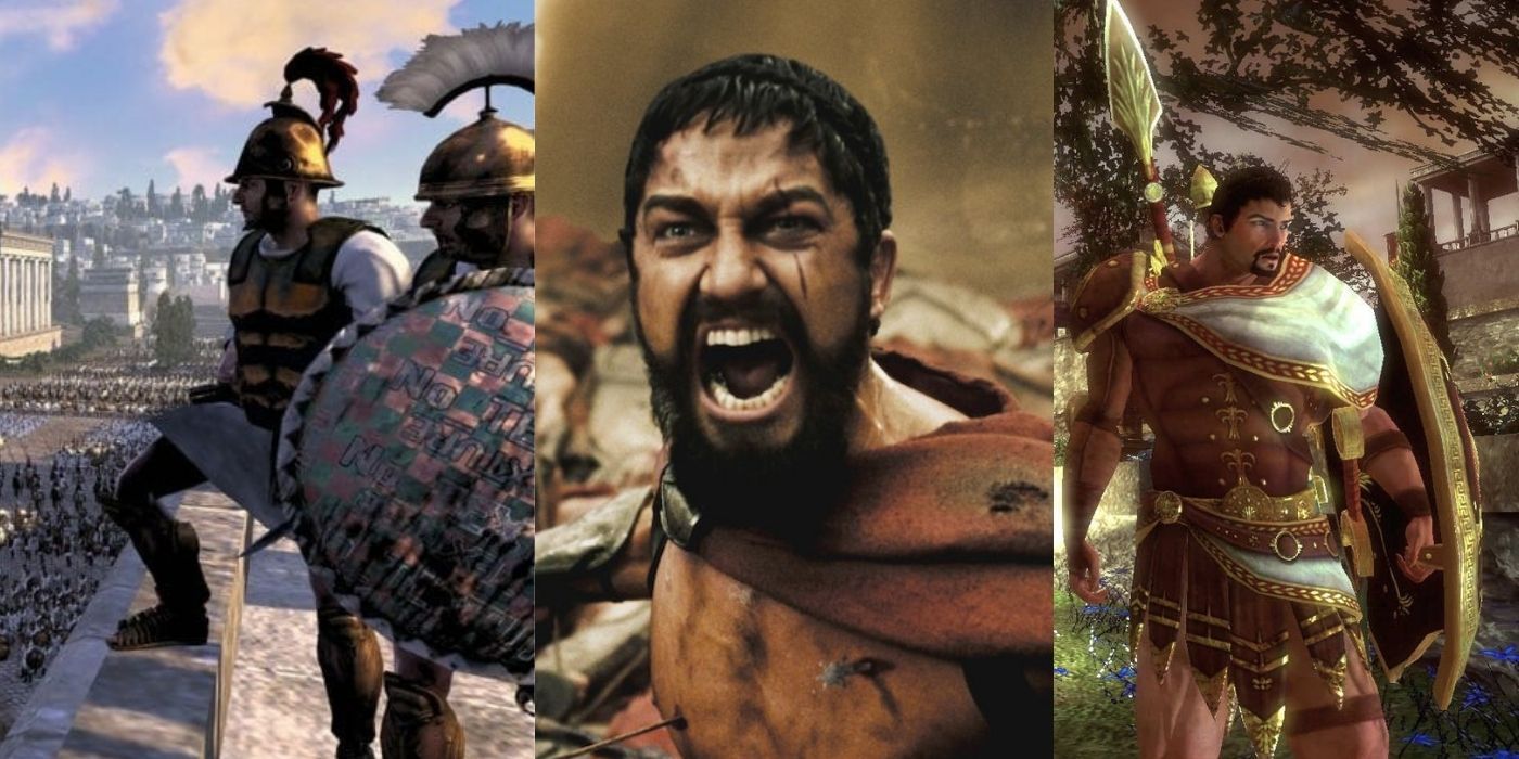Split images of two Roman soldiers looking sidways, Leonidas screaming in 300, Jason holding a shielf in Rise of the Argonauts