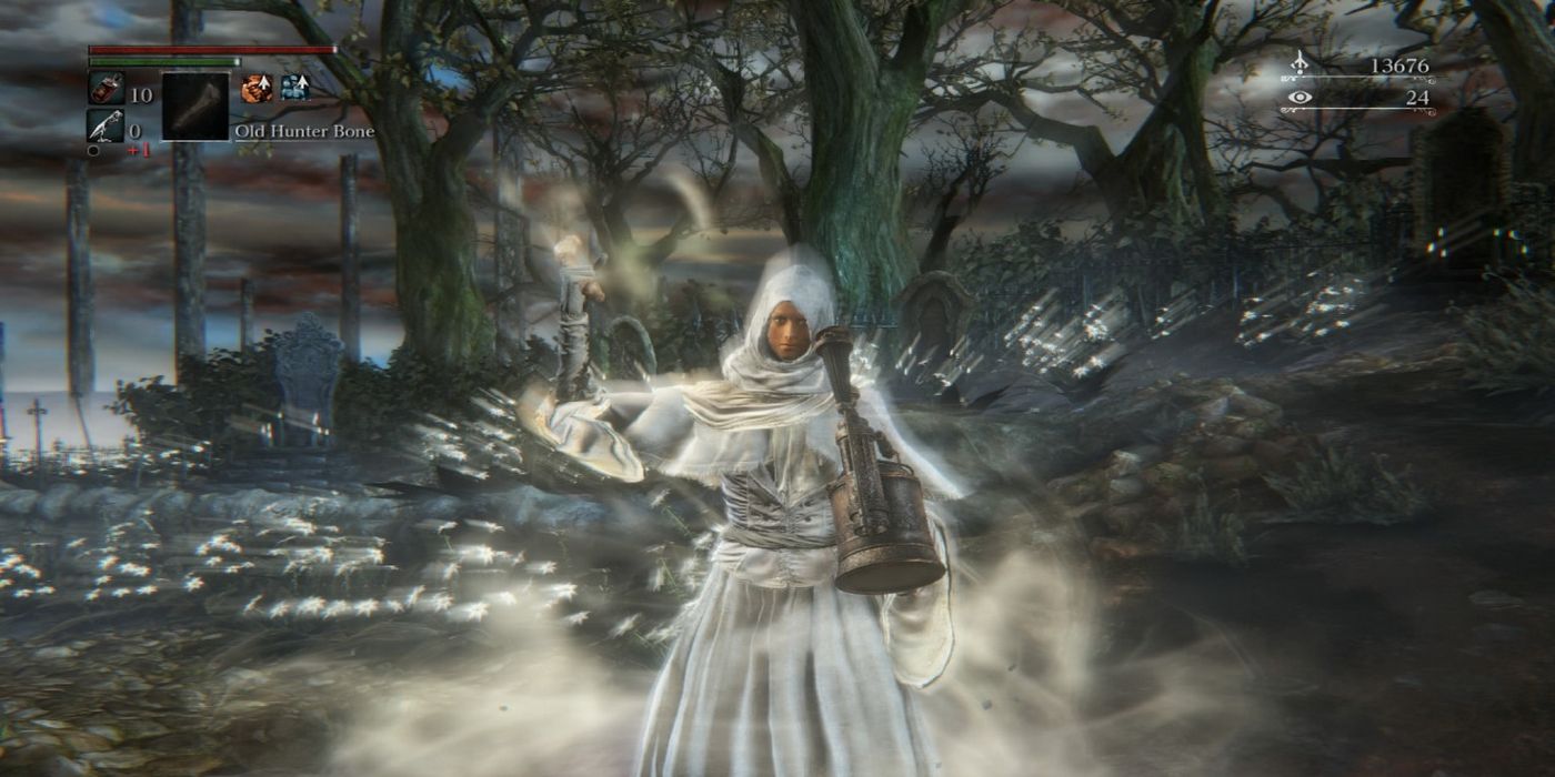 A player using the Old Hunter Bone item in Bloodborne.